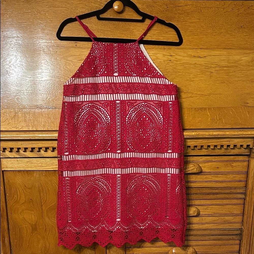 Francescas Boho Romantic Red Floral‎ Lace Eyelet Halter Mini Dress Sleeveless